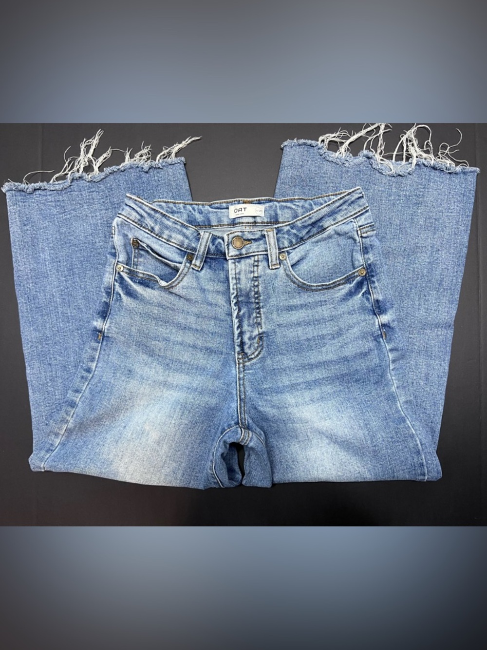 OAT New York Wide Leg Crop Jeans Raw Hem Distressed Blue Denim Size 6/28 - Picture 3 of 9